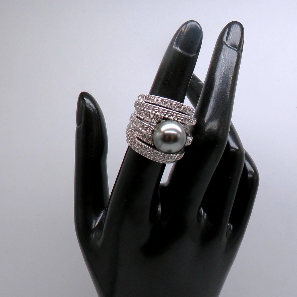Wide Multi Row Pave Rhinestone Faux Grey Pearl Statement Ring Size 5 Silver Tone